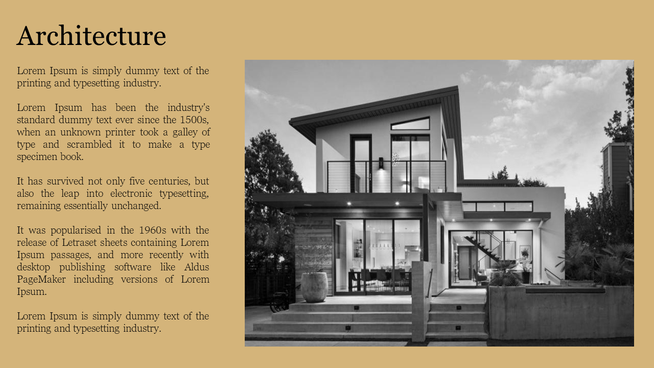 Architecture slide with a black and white modern house image on the right and a beige background with text on the left.