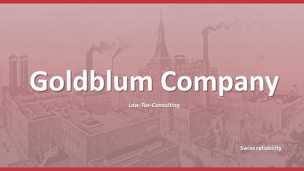 Goldblum company slide featuring a vintage cityscape background with smokestacks and a centered white title.