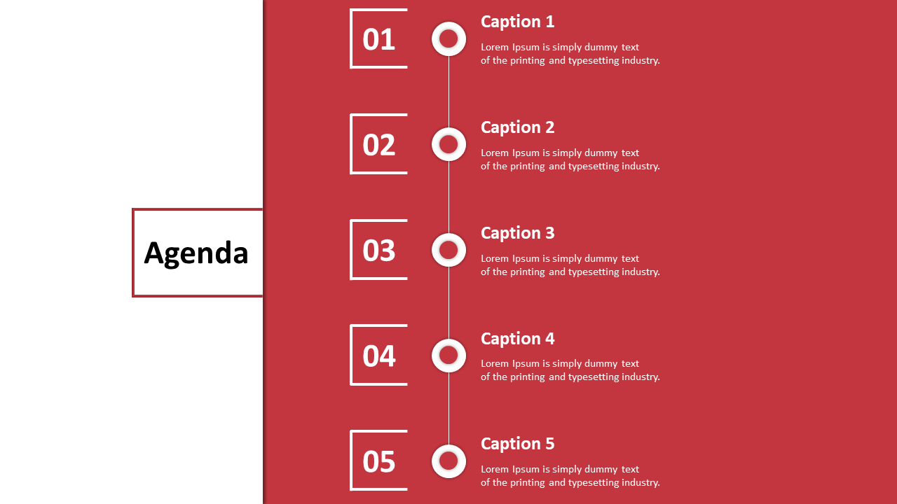 Agenda slide with a vertical line listing five numbered captions in white, set on a red background.