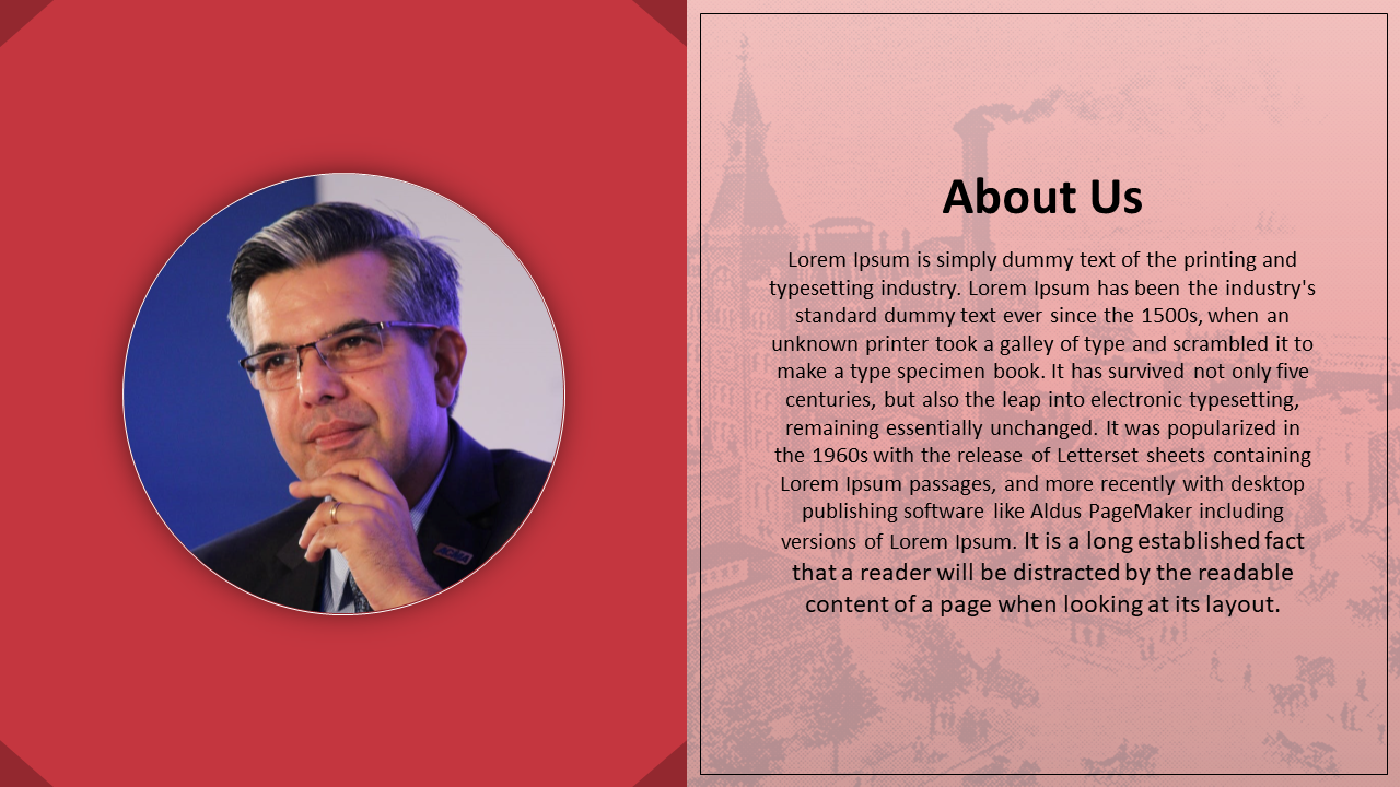About us slide with a businessman portrait on the left and text on the right, set against a red and pink background.