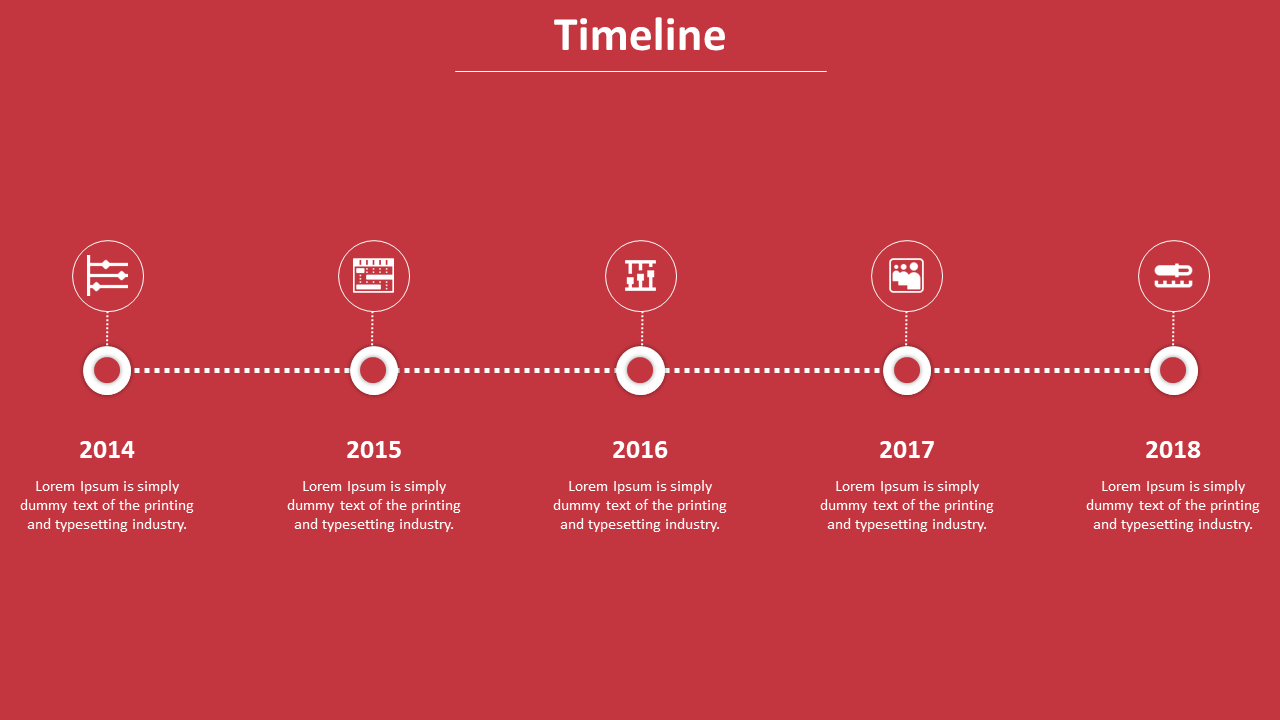 Horizontal timeline from 2014 to 2018 with white icons and text on a red background, connected by a dotted line.