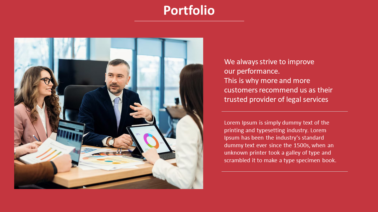 Business meeting with professionals discussing charts, alongside a red background with text describing portfolio details.