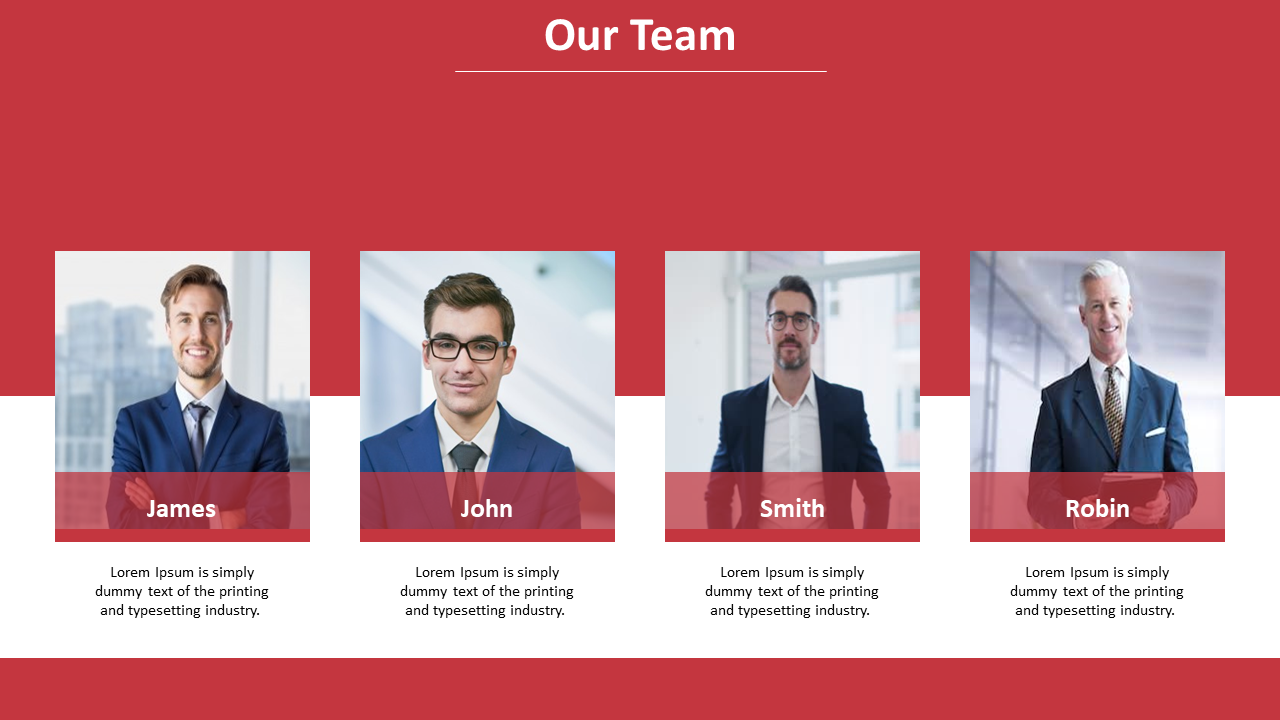 Team introduction layout with four professionals, each in a framed photo with a red name banner, on a white background.