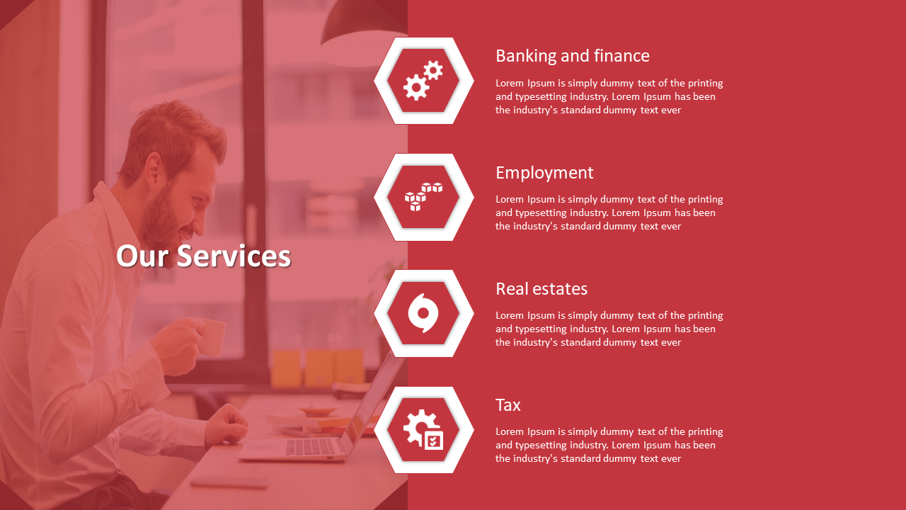 Red toned service layout with four hexagonal icons and white text on the right, over a blurred man at work image.