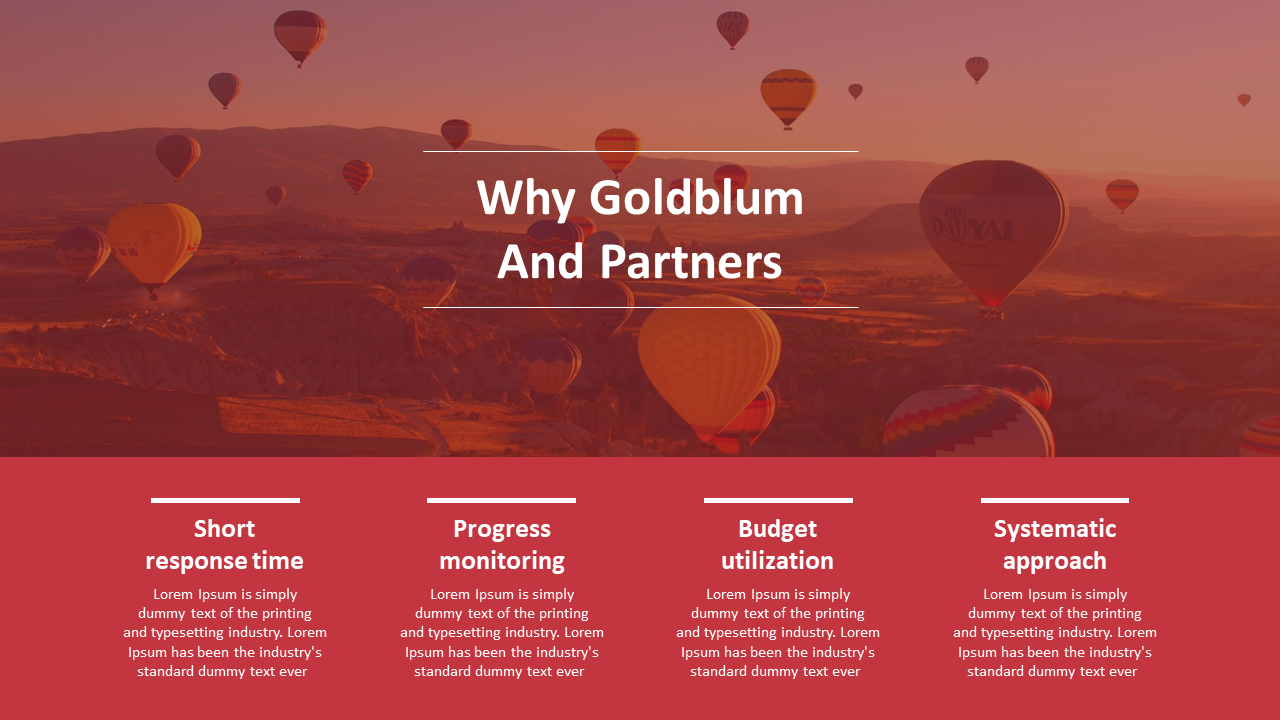 Slide with a red overlay on a hot air balloon background, white text in the center, and four text sections below.