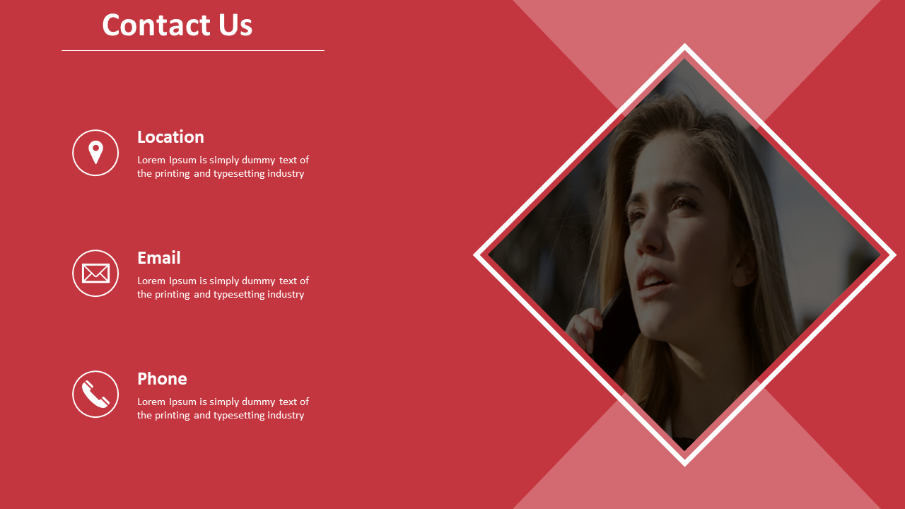Red contact page with white icons and text, a diamond shaped image of a woman on the right, with geometric shapes.