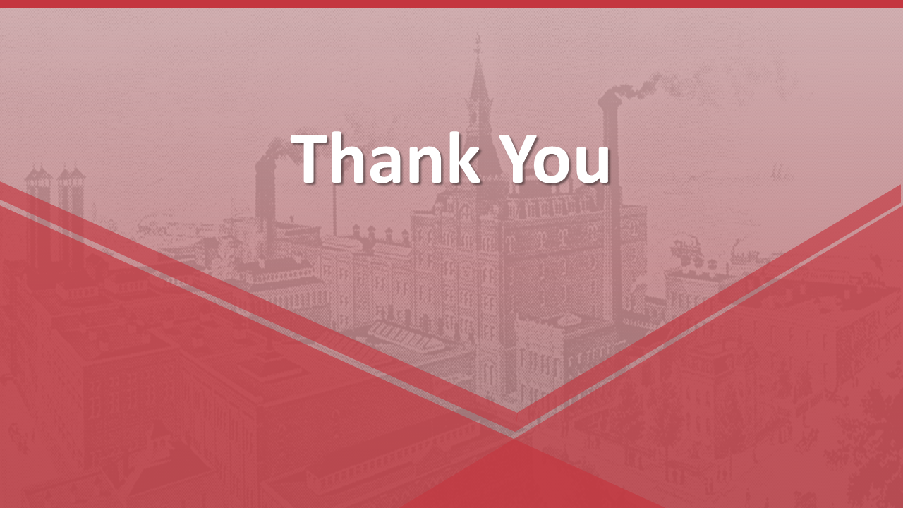 Thank you slide with white text over a red tinted backdrop featuring an industrial cityscape with factories and smokestacks.