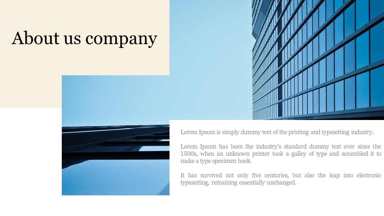 Left aligned title on cream background, geometric building photo with light blue sky, and descriptive text below.