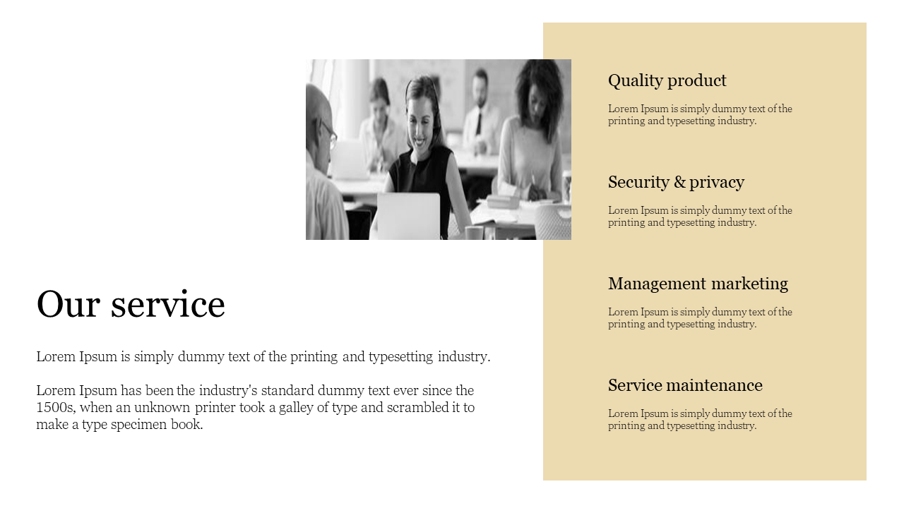 Slide with grayscale business photo in center, left aligned title, and beige panel listing four services.