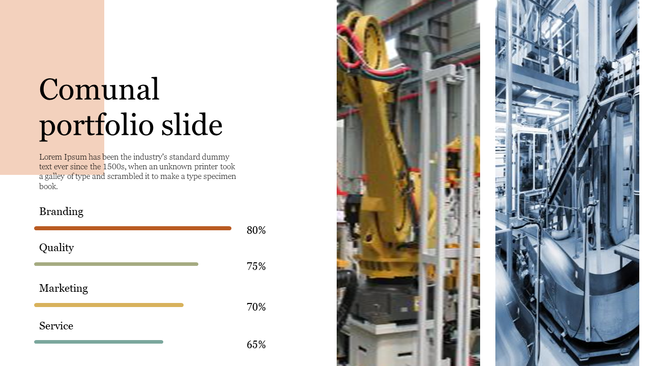 Portfolio slide with four colored progress bars on left and two vertical split industrial images of robotic factory visuals.