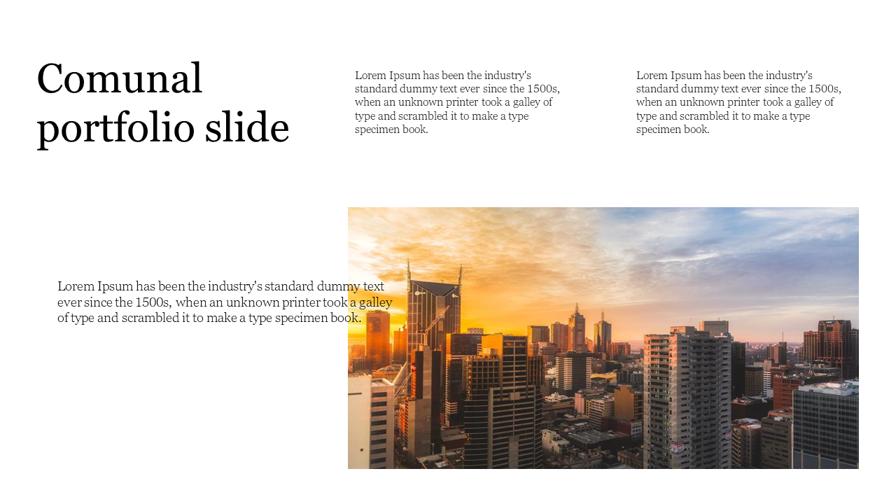 City skyline with golden sunlight on right, and three text blocks spaced across a clean white background.