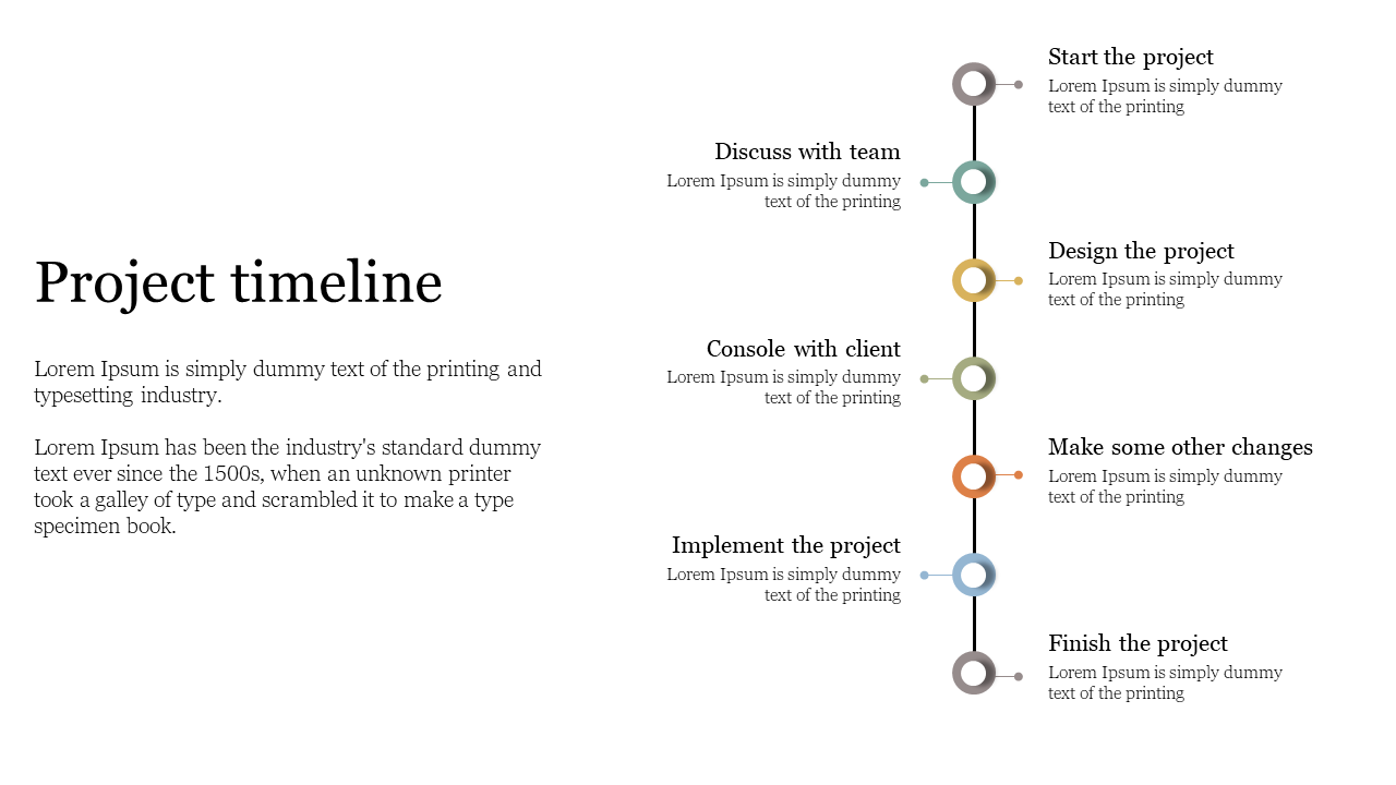 Vertical project timeline with colored circles and steps listed alternately on both sides, with left aligned title and text.
