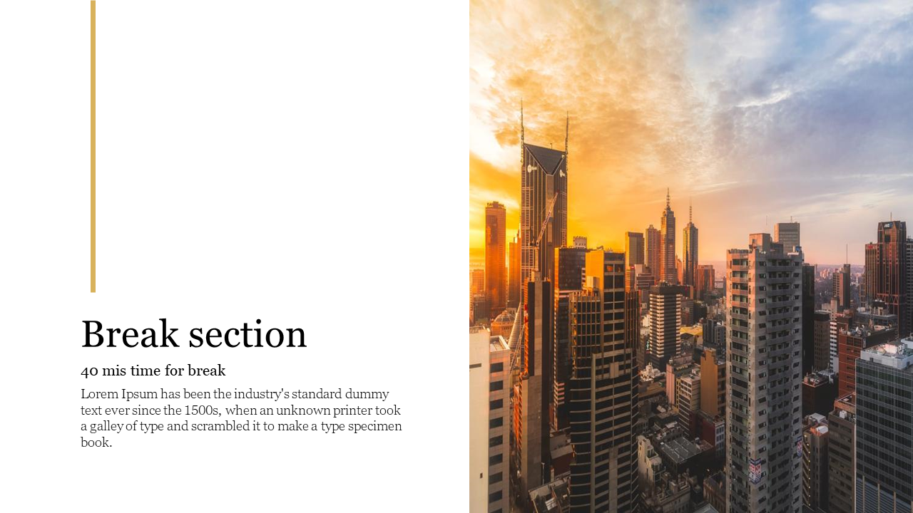 Split layout with cityscape sunset image on right and text on left with yellow vertical line on a white background.