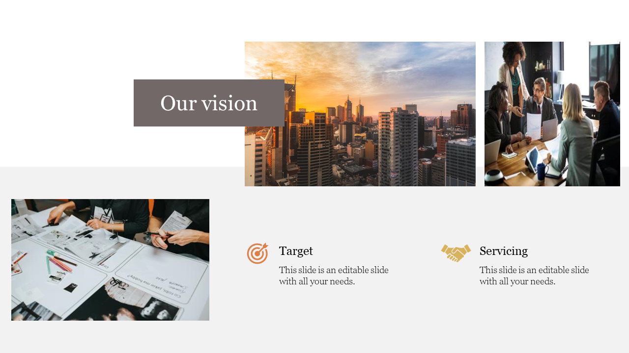 Grid layout showing urban skyline, meeting scene, and planning session, with brown title block and two icons.