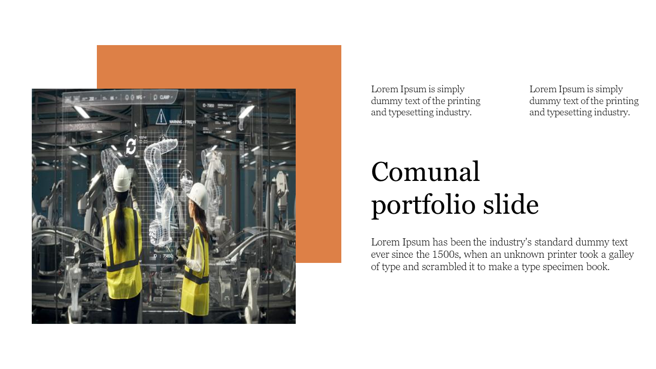 Holographic robotic arm image over on orange background, paired with modern portfolio text block on a white layout.