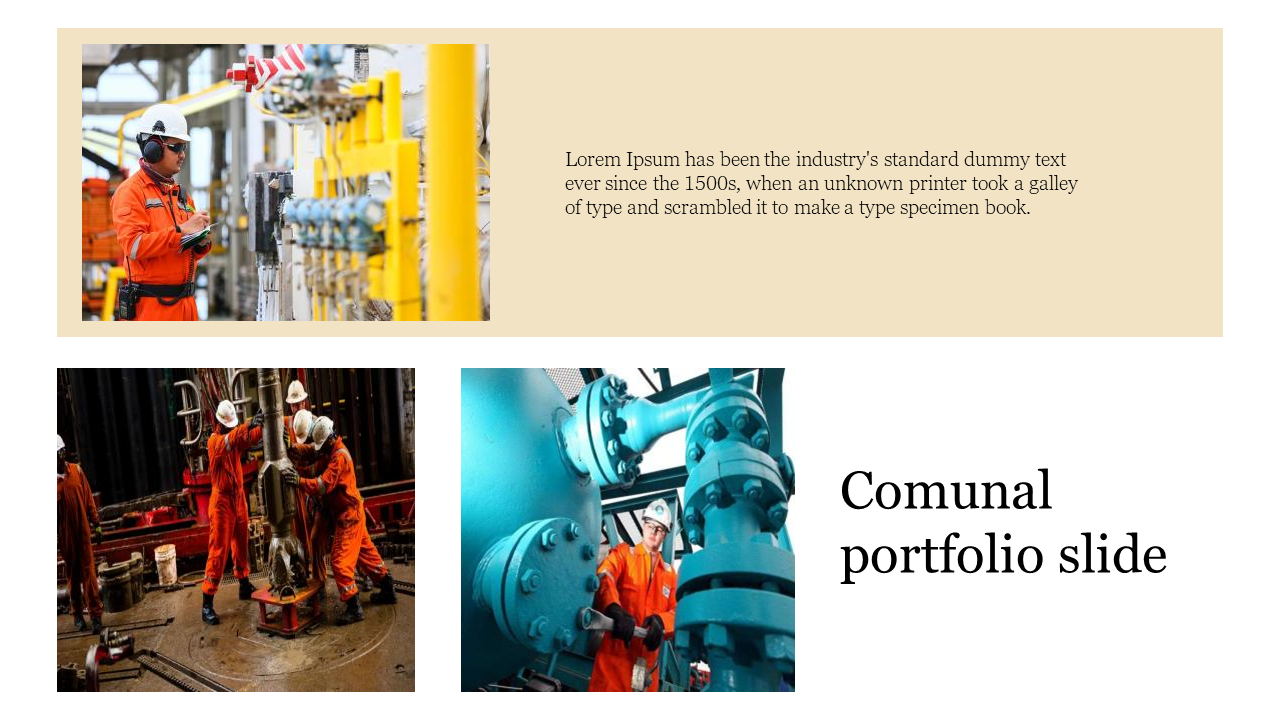 Three image grid of engineers in safety gear with beige text box above and large black title on the lower right.