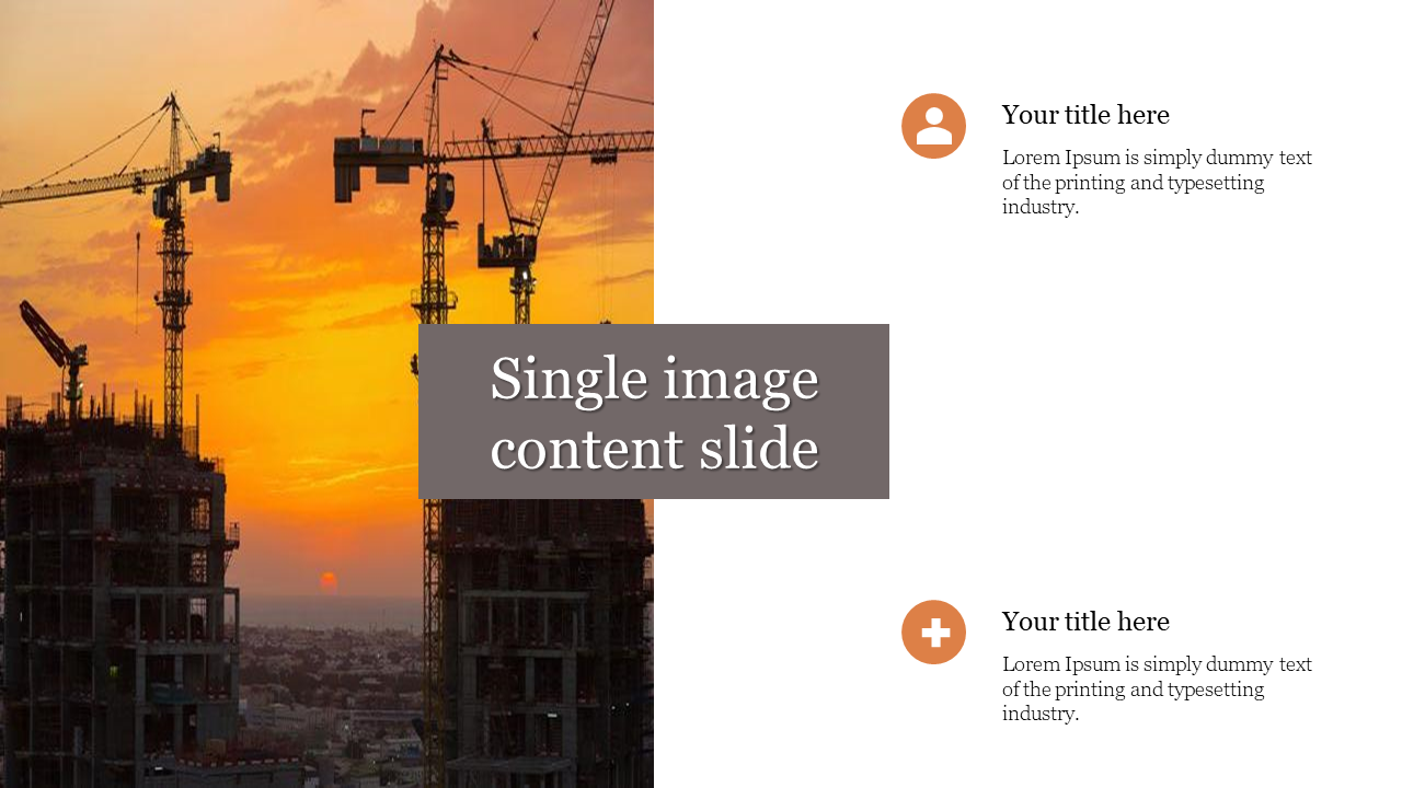 Sunset construction scene with tower cranes on left, brown title box, and two icon text blocks on white background.