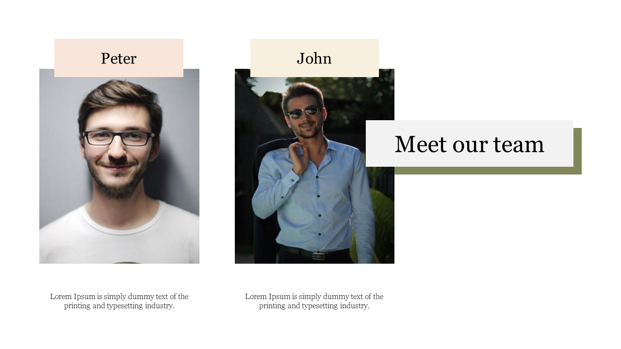 Two column team layout with profile photos and beige name banners, title box layered over green accent bar on the right.