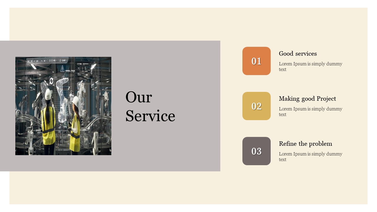 Beige background slide featuring three numbered services, and an image of engineers with hologram on the left.