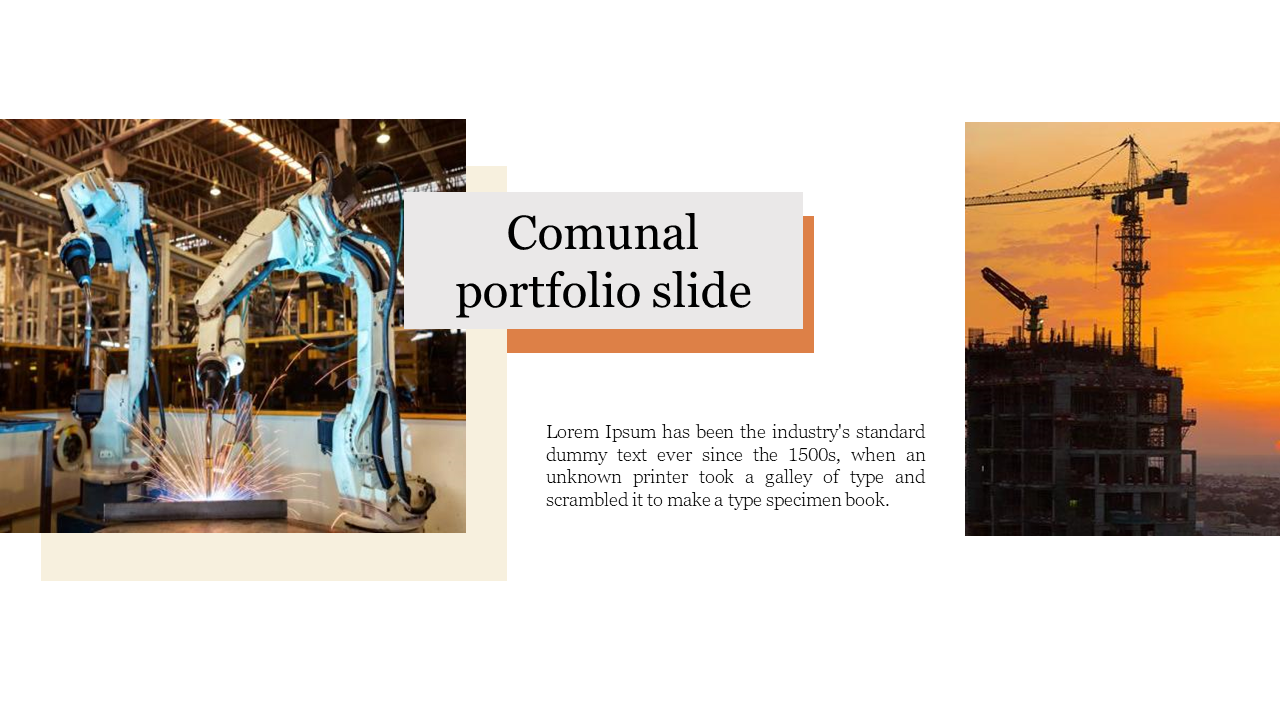 Portfolio layout with robotic welding on left, construction crane at sunset on right, and central grey orange text block.