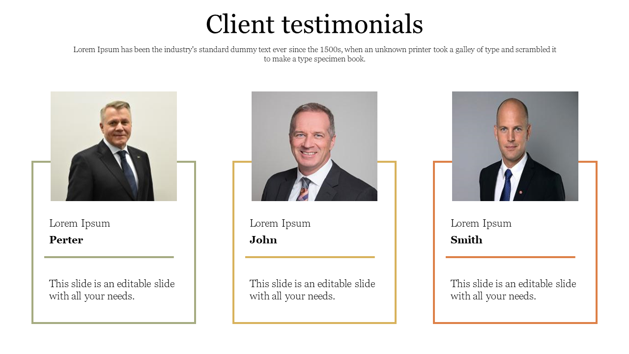 Three column layout with square headshots above bordered testimonial boxes in green, yellow, and orange accents.