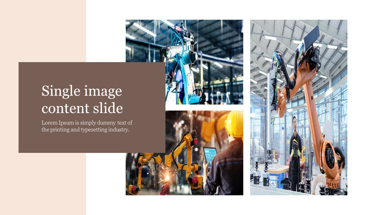 Industrial robot collage with three images on white background, and a left aligned brown text box on soft peach layout.