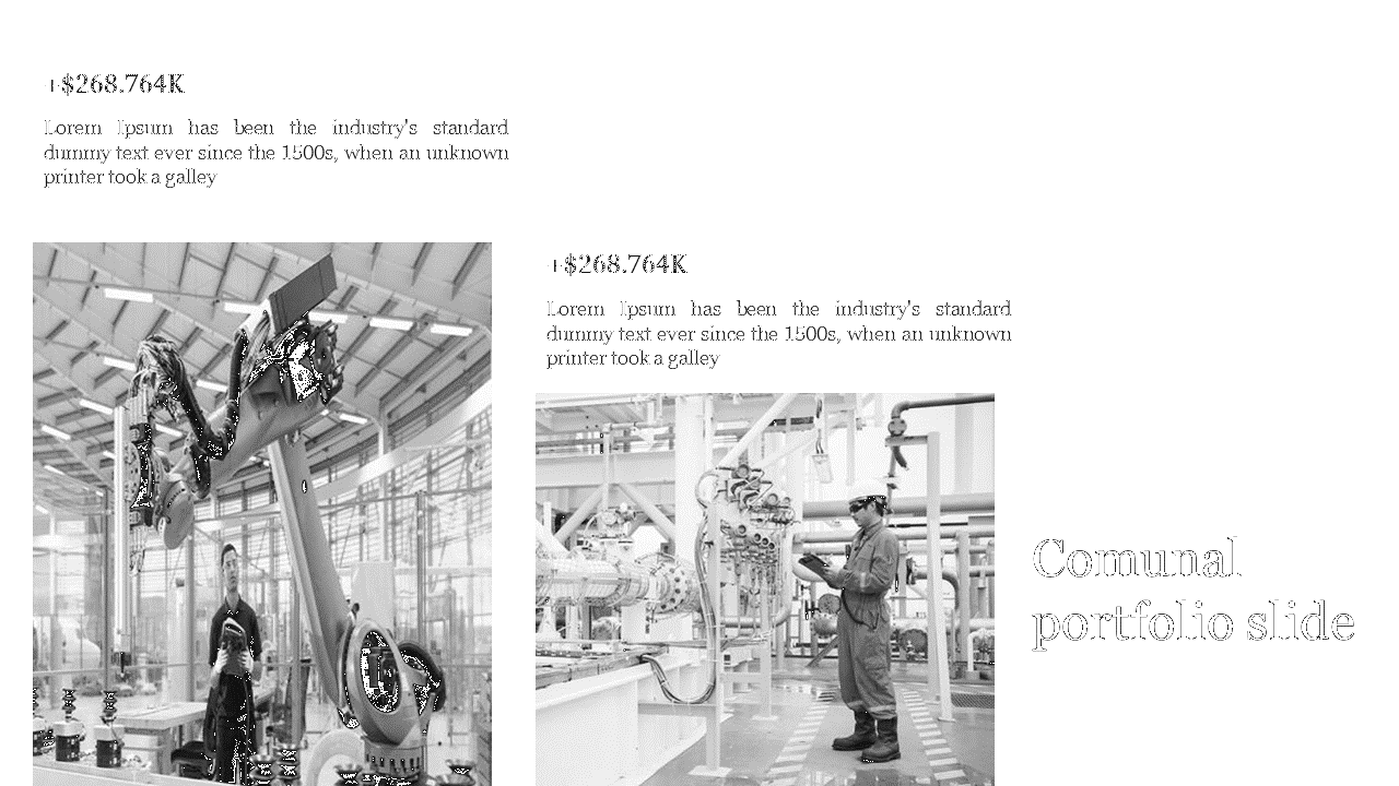 Two column layout with grayscale factory images with text blocks above, on a clean white background.