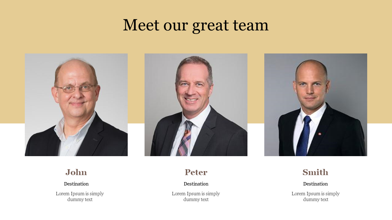Three profile layout with headshots in square frames over a beige and white background, and text beneath