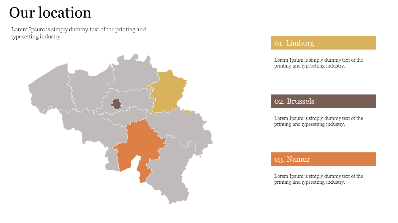 Slide featuring a Belgium map with three highlighted regions and corresponding descriptions in yellow, brown, and orange.