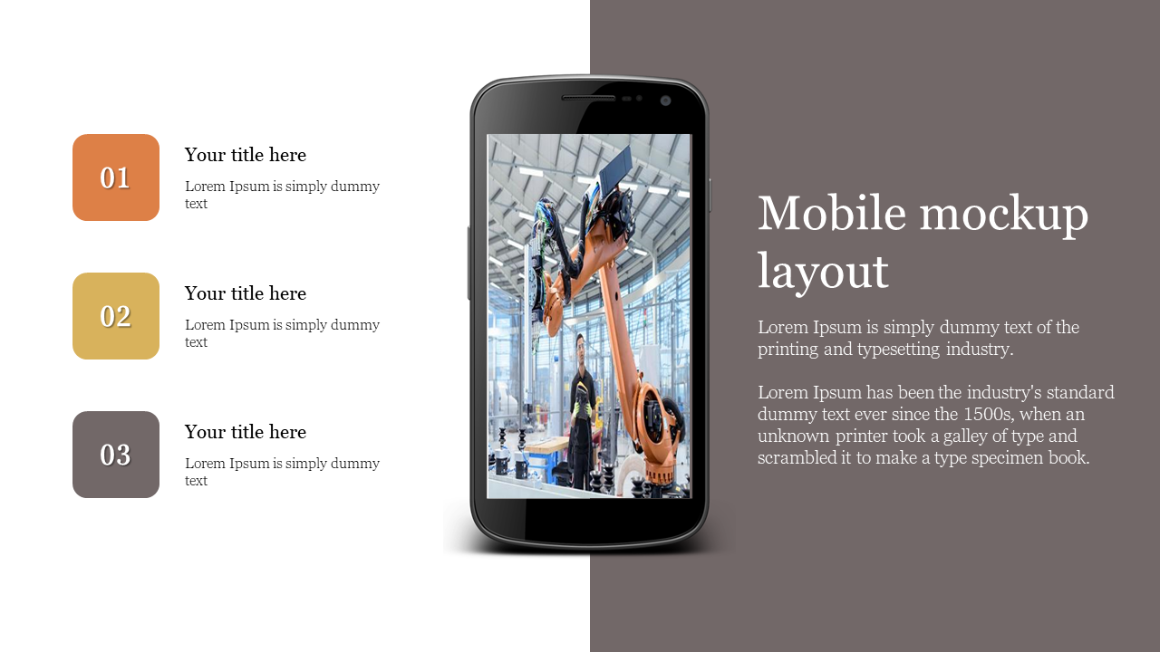 Slide with a mobile mockup in the center, three numbered steps on the left, and text on a dark gray background to the right.