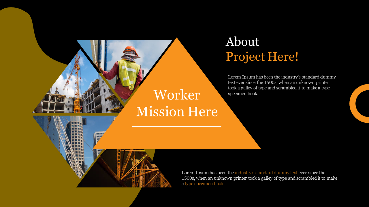 Construction slide with overlapping triangles in brown and yellow, featuring images of workers and buildings.