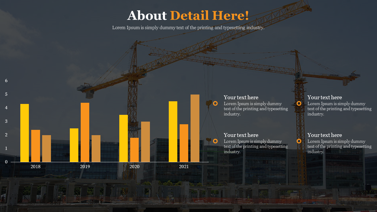 Dark themed slide with a construction site background, featuring bar chart in orange and yellow, and text on the right.