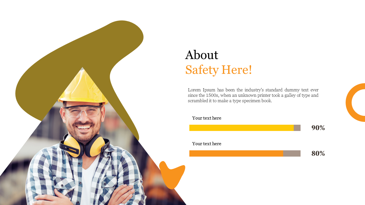 Slide featuring triangular frame of a smiling worker in safety gear, and two progress bars in yellow and orange on the right.