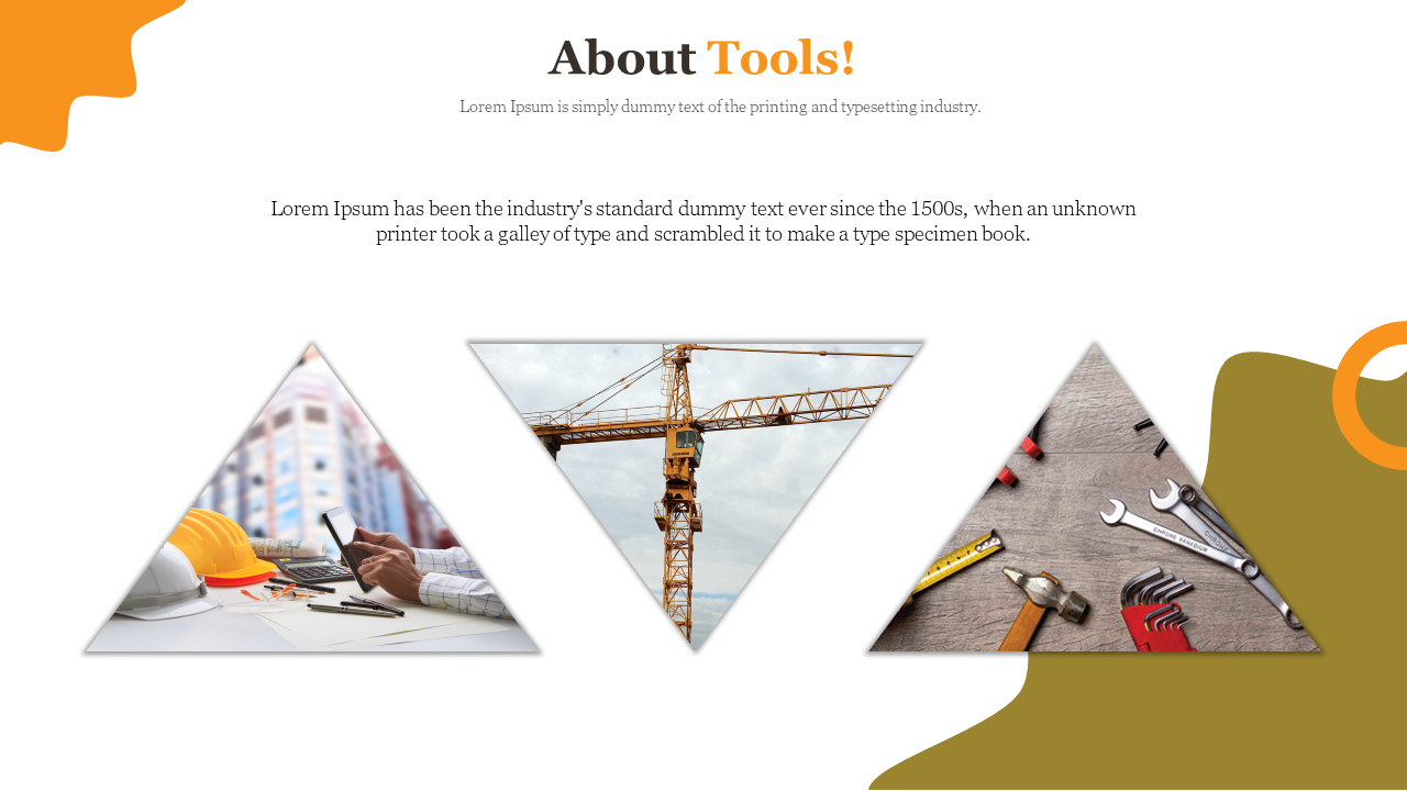 Construction slide featuring three triangular images of work desk, a crane, and tools, with a white and orange design.