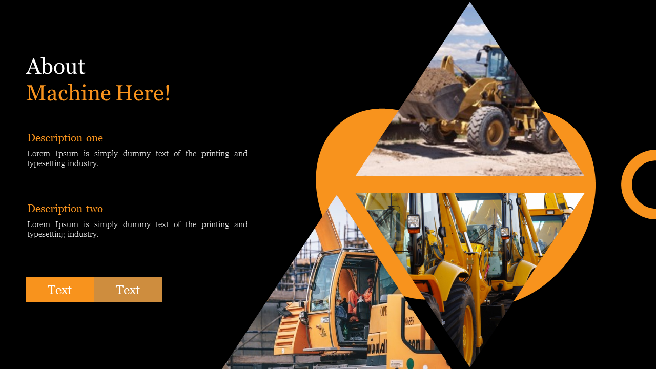 Dark background slide with orange triangular frames containing images of construction machines and text on the left.