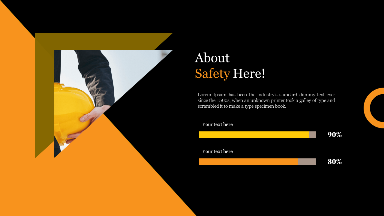 Slide with an orange and brown triangle framing a worker hand holding a helmet, and two progress bars on dark backdrop.