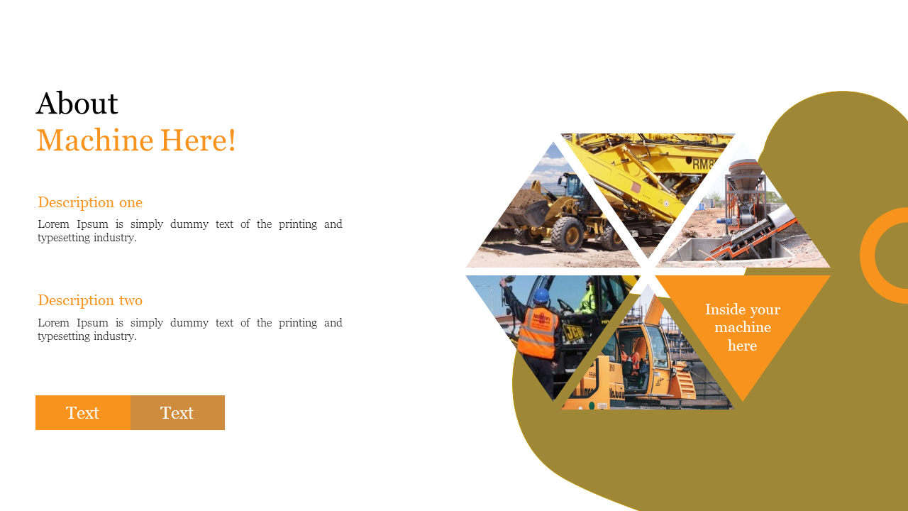 Hexagonal construction images on the right with brown and orange shapes, and descriptions on the left white area.