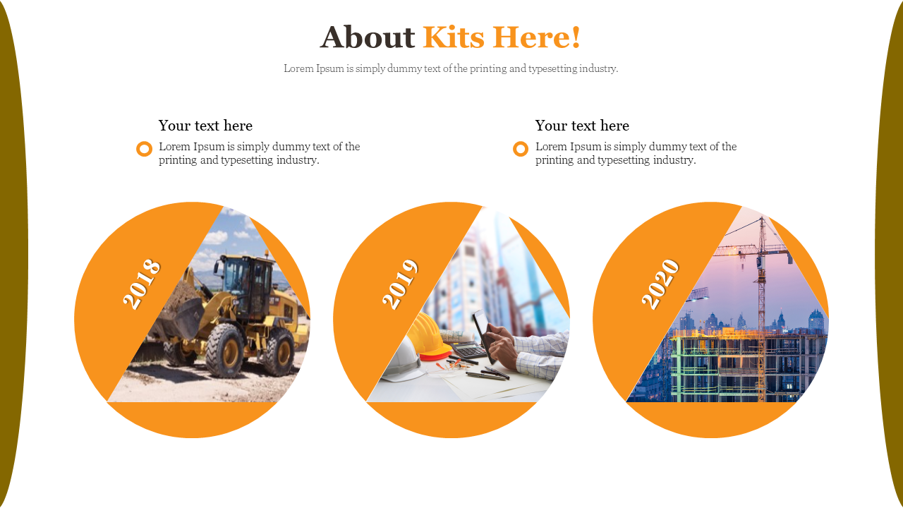 Three orange circular shapes with construction themed images and years, set against a white background with brown edges.