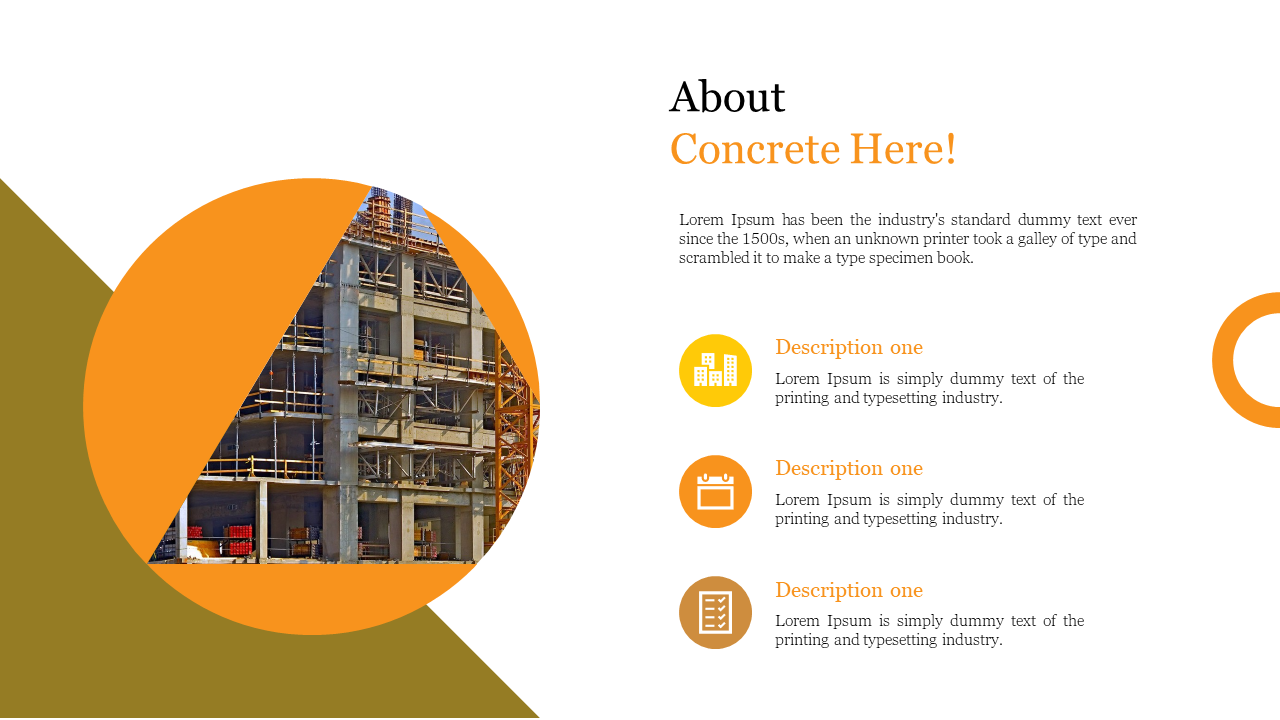 Slide with a construction image inside circular shapes, accented with orange and gold, with three captions on the right.
