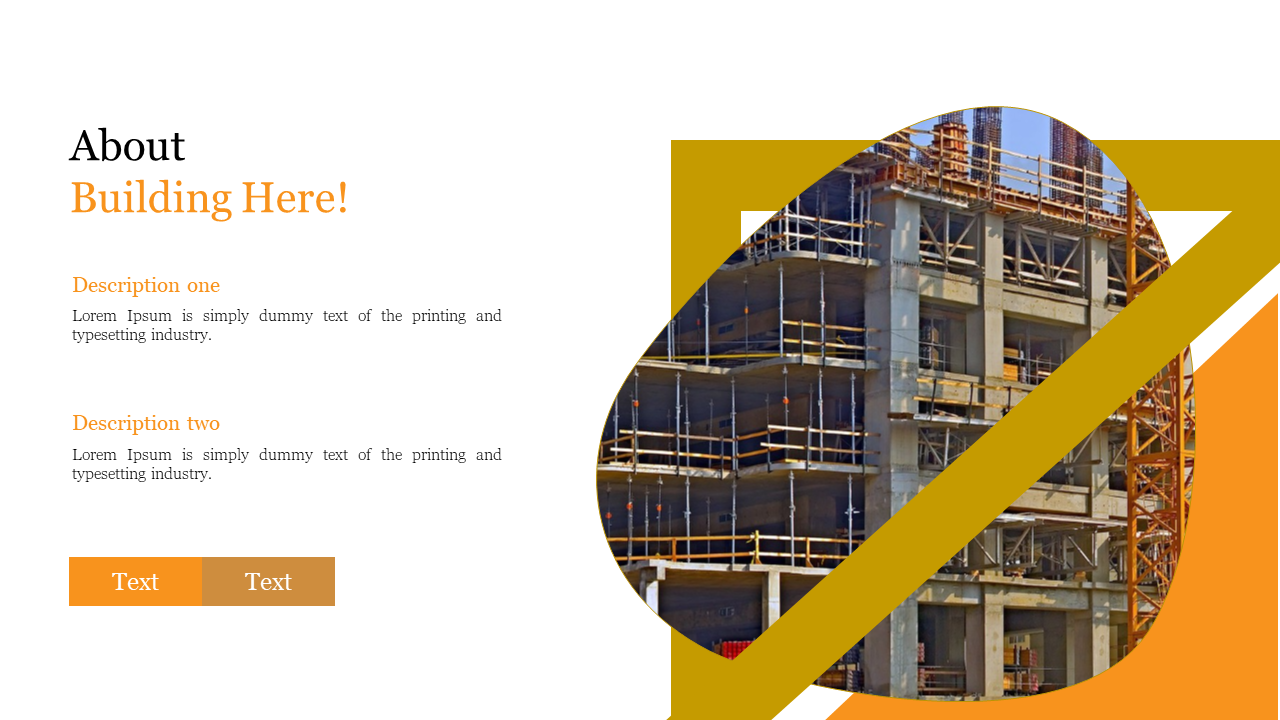 Slide featuring a high rise building under construction, framed with gold geometric shapes, with text blocks on the left.