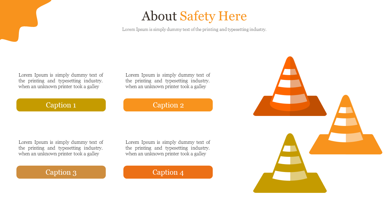 Slide with three traffic cones in orange and yellow tones, with four safety theme captions on the left.
