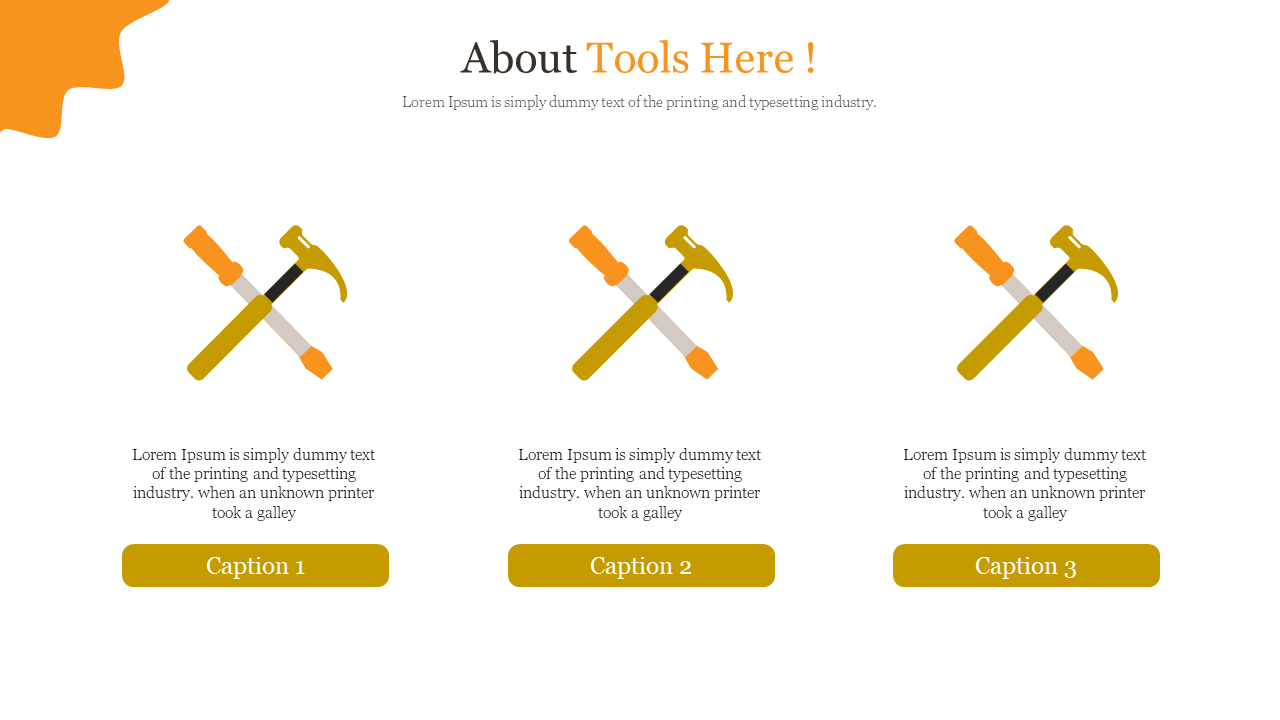 Slide with three crossed tools icons, featuring hammers and screwdrivers in gold and orange tones, with captions below.
