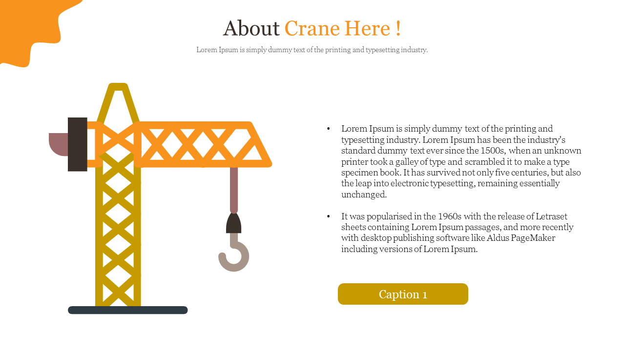 Illustrated slide featuring a crane with lattice tower, brown hook, and text blocks on right, with a gold caption box.