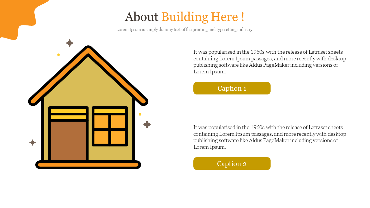 Slide with a house icon in gold and orange, two caption boxes, and decorative sparkles, on a white background.