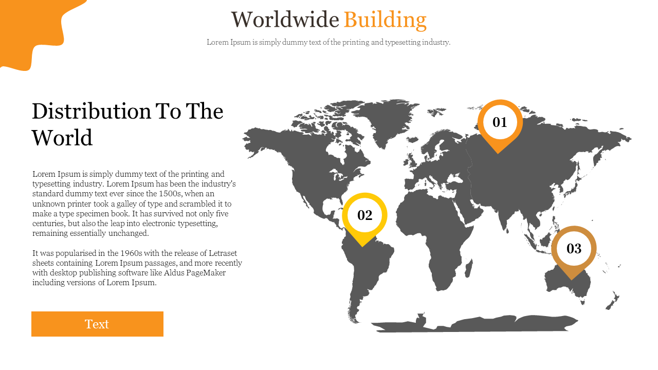 Gray world map with three orange location markers numbered 01, 02, and 03, and text block with a large header.