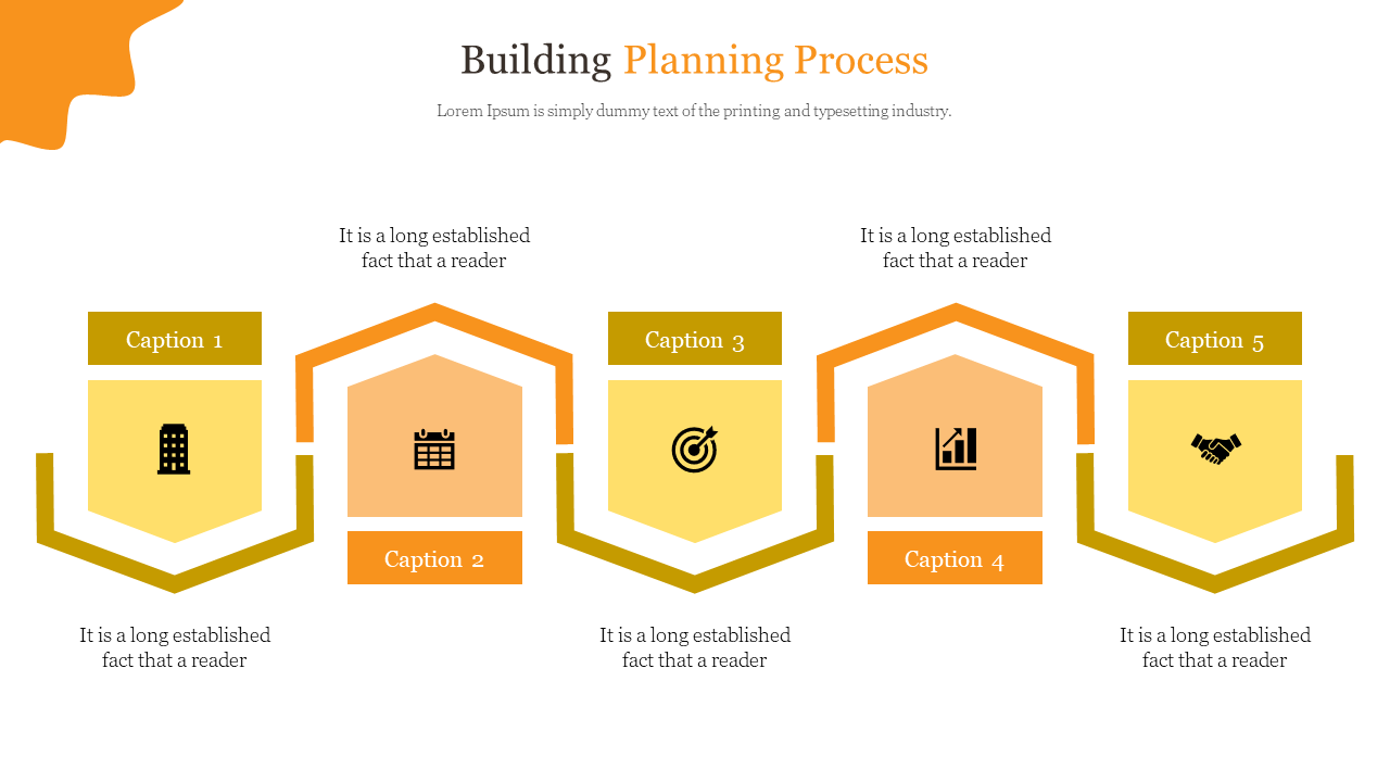 Building planning process slide with five pentagonal icons, alternating yellow and orange accents, and captions.