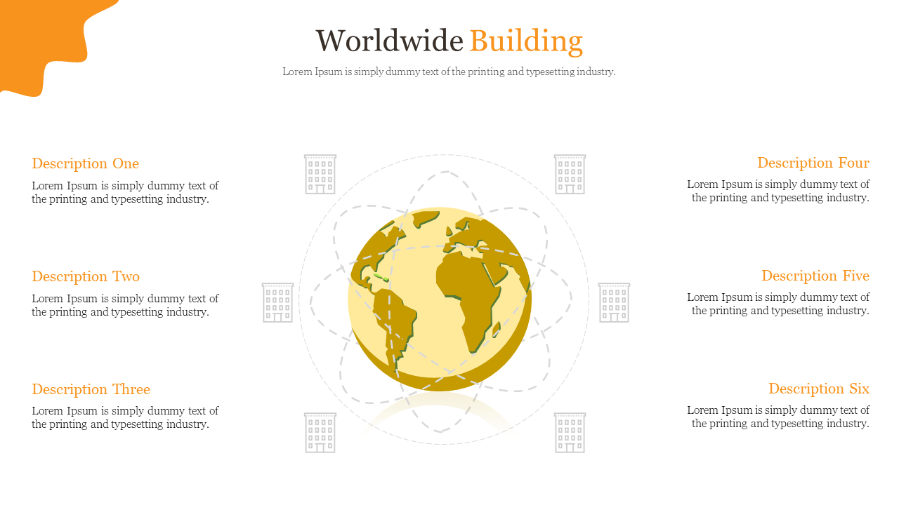 Worldwide building themed slide with a golden Earth, featuring orbit graphics, and six text sections with building icons.
