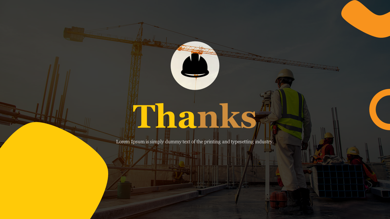 Thank you slide with a construction site background, featuring vibrant yellow shapes, title and a helmet icon.