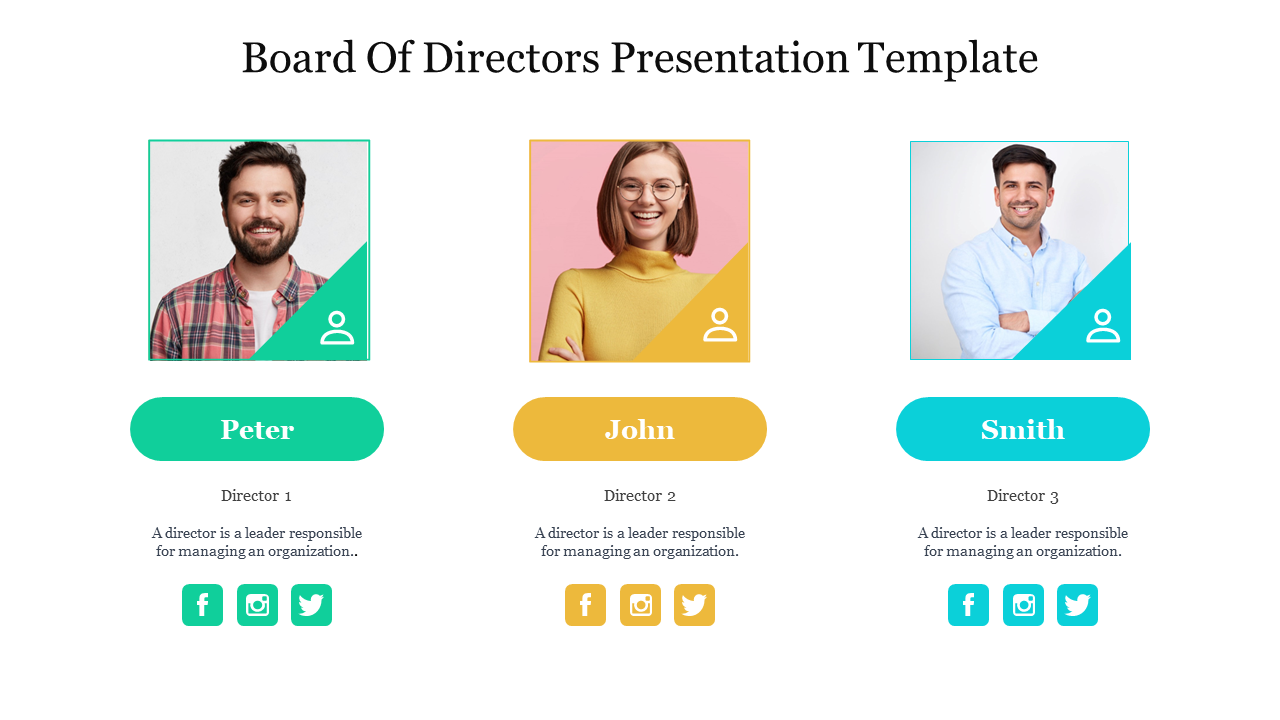 Three square profile cards with color corner tags, name buttons, and social icons beneath in green, yellow, and teal.