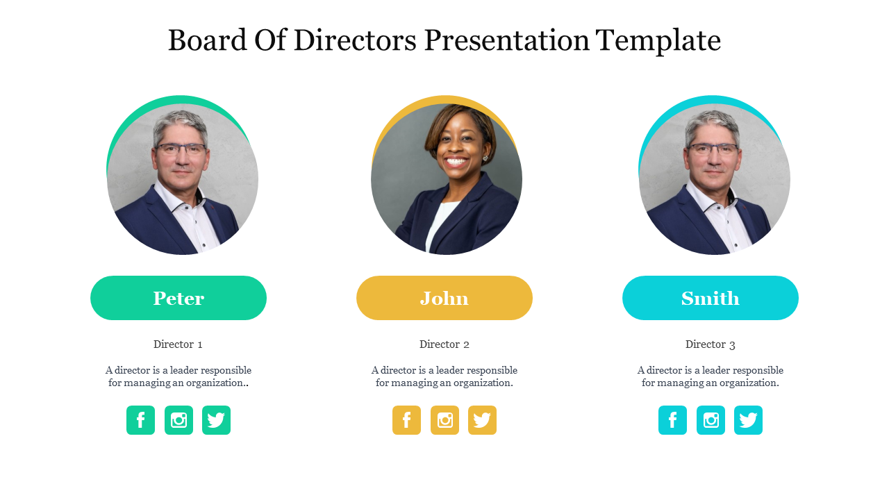 Director profiles in a row, each with round photo, name tag in green, yellow, and teal, and social icons below.